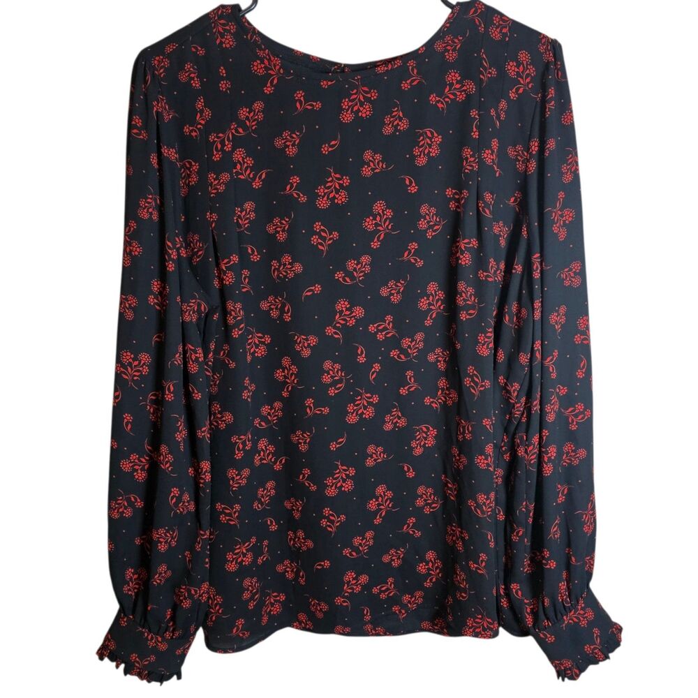 LOFT Red Floral Ditsy Blouse Black Long Sleeve Button Cuff Top Size L Pleated